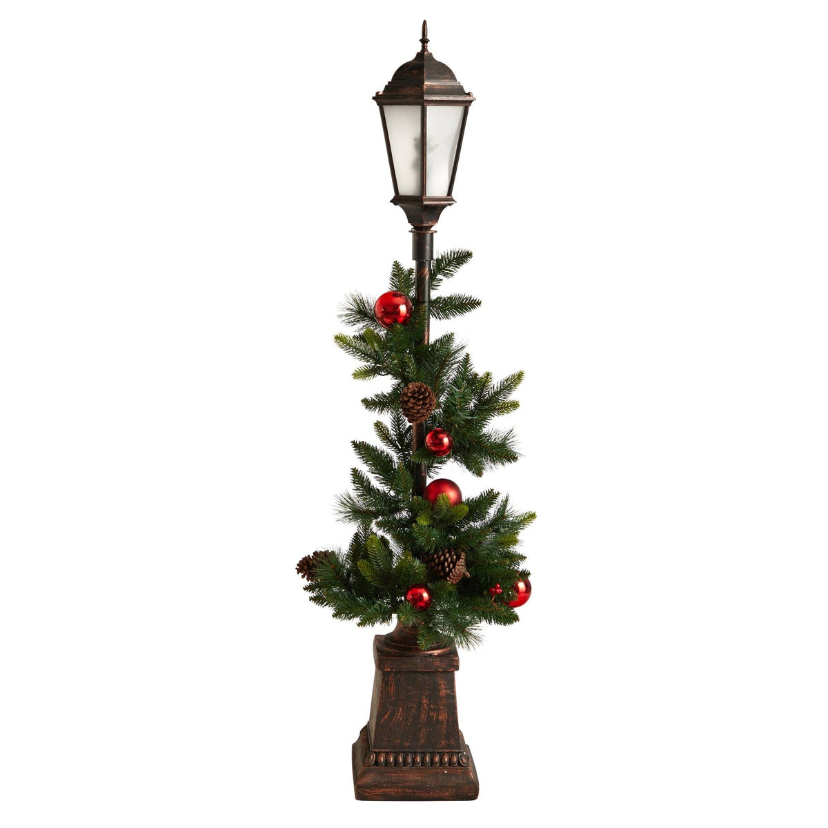 5' Holiday Decorated Lamp Post with Greenery, Ornaments and 50 LED Lights