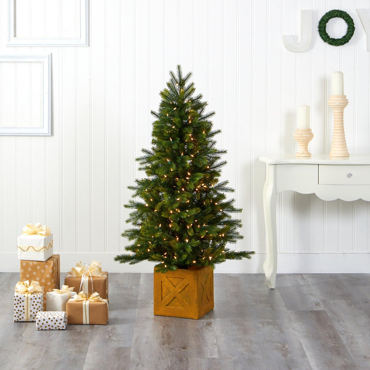 5' Manchester Fir Artificial Christmas Tree in Decorative Planter with 250 Clear Warm (Multifunction) LED Lights and 366 Bendable Branches