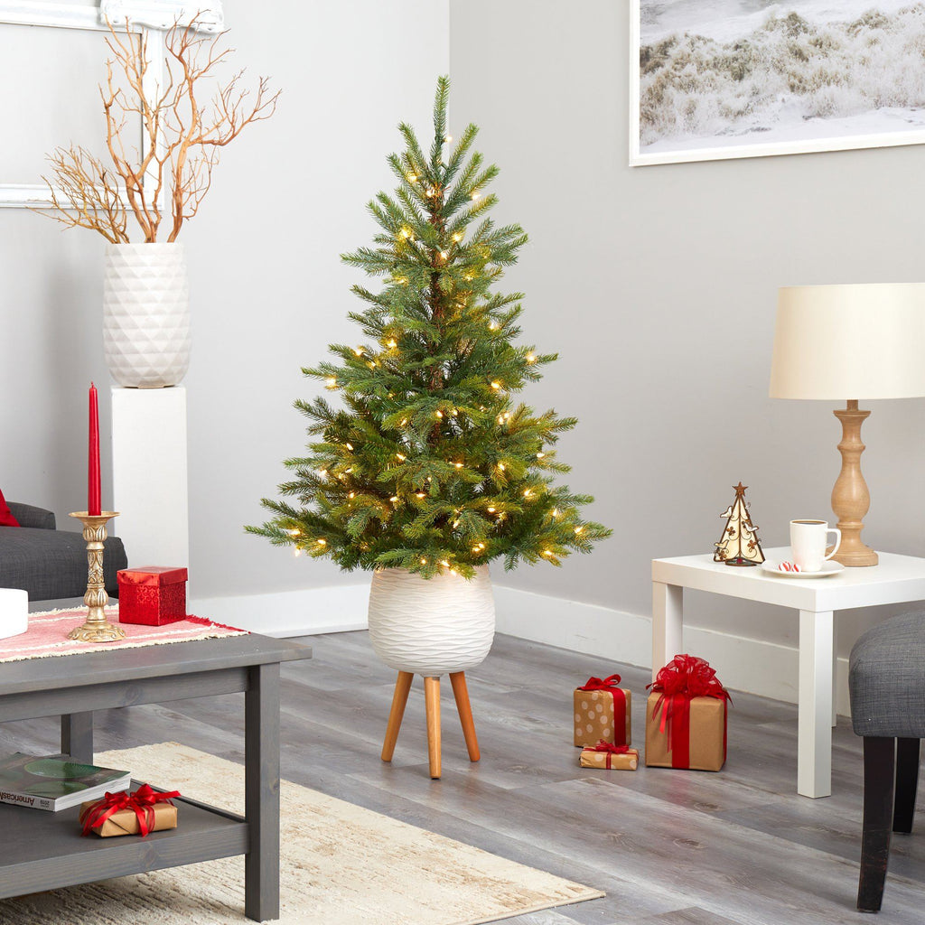 5’ North Carolina Spruce Artificial Christmas Tree with 100 Clear Lights and 207 Bendable Branches in White Planter with Stand