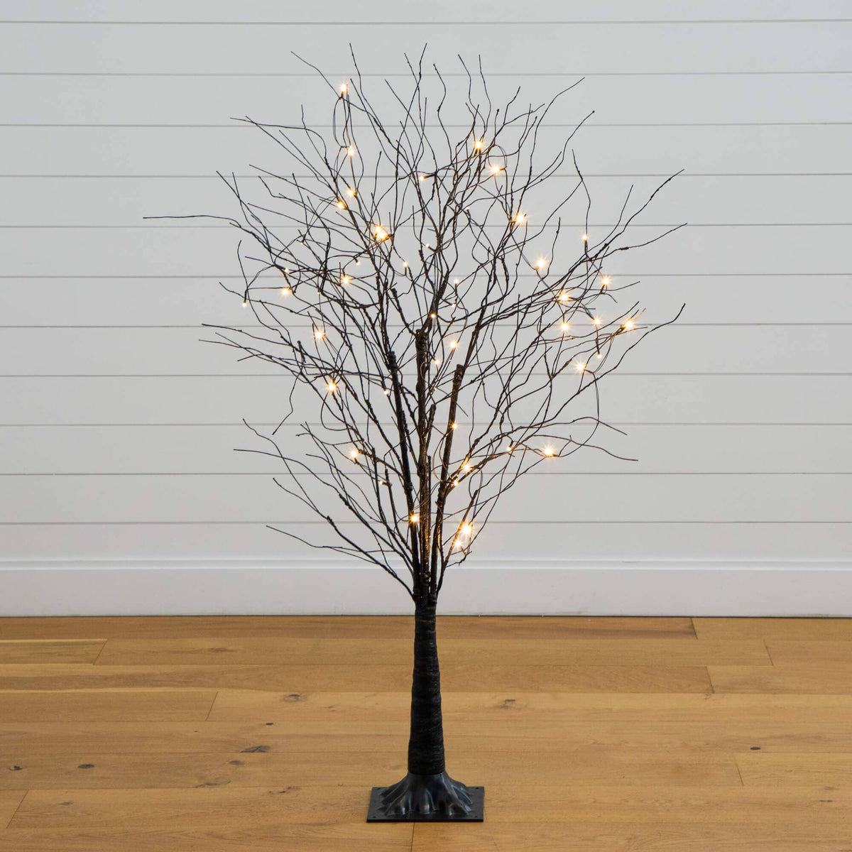 5' Pre-Lit Artificial Halloween Black Twig Tree with Bats and 50 Warm White LED Lights