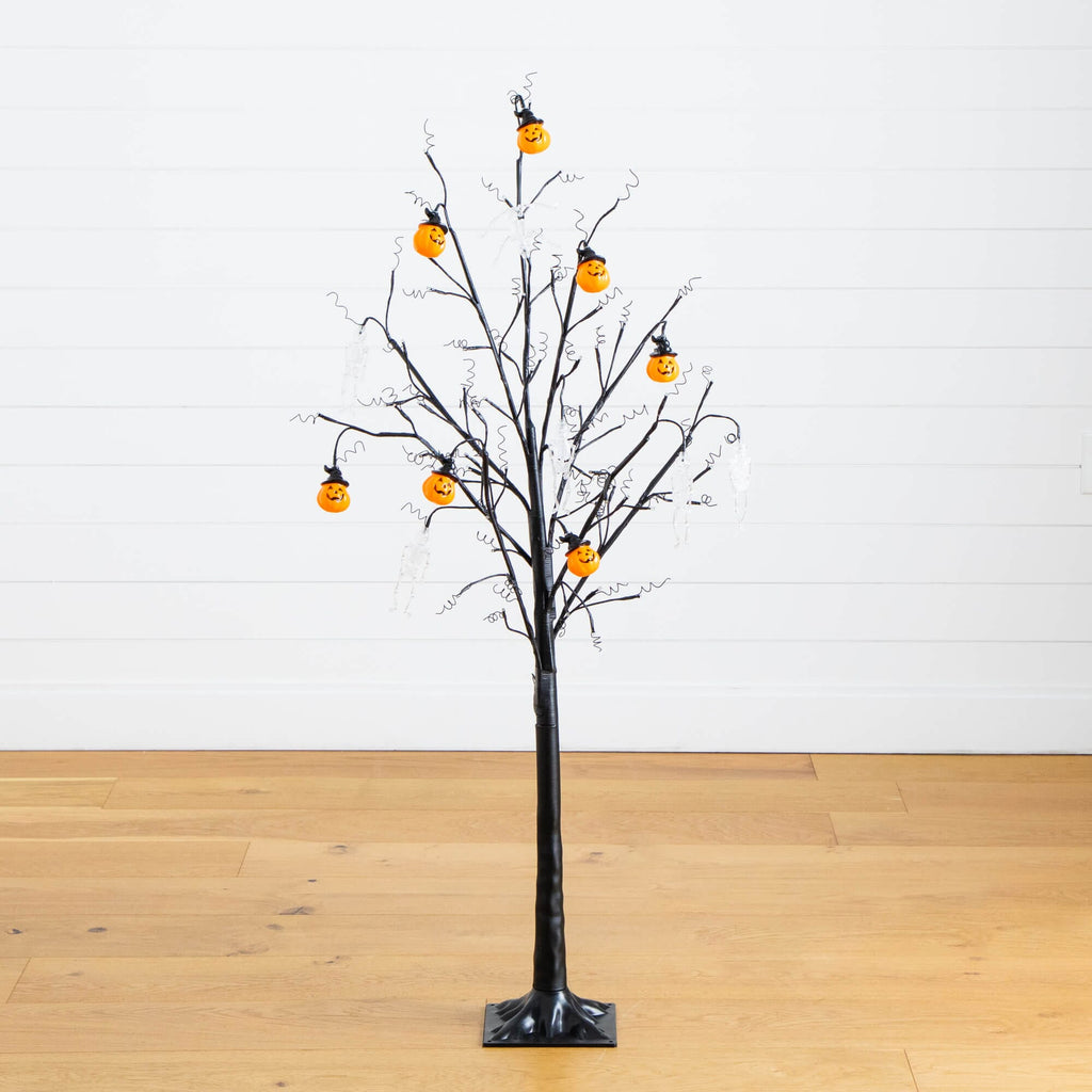 5' Pre-Lit Artificial Halloween Pumpkins and Skulls Ornament Tree with 72 Warm White LED Lights
