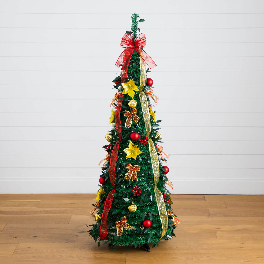 5' Pre-Lit Artificial Pop up Christmas Tree with Red & Gold Ornaments, Ribbons and 100 Warm White LED Lights