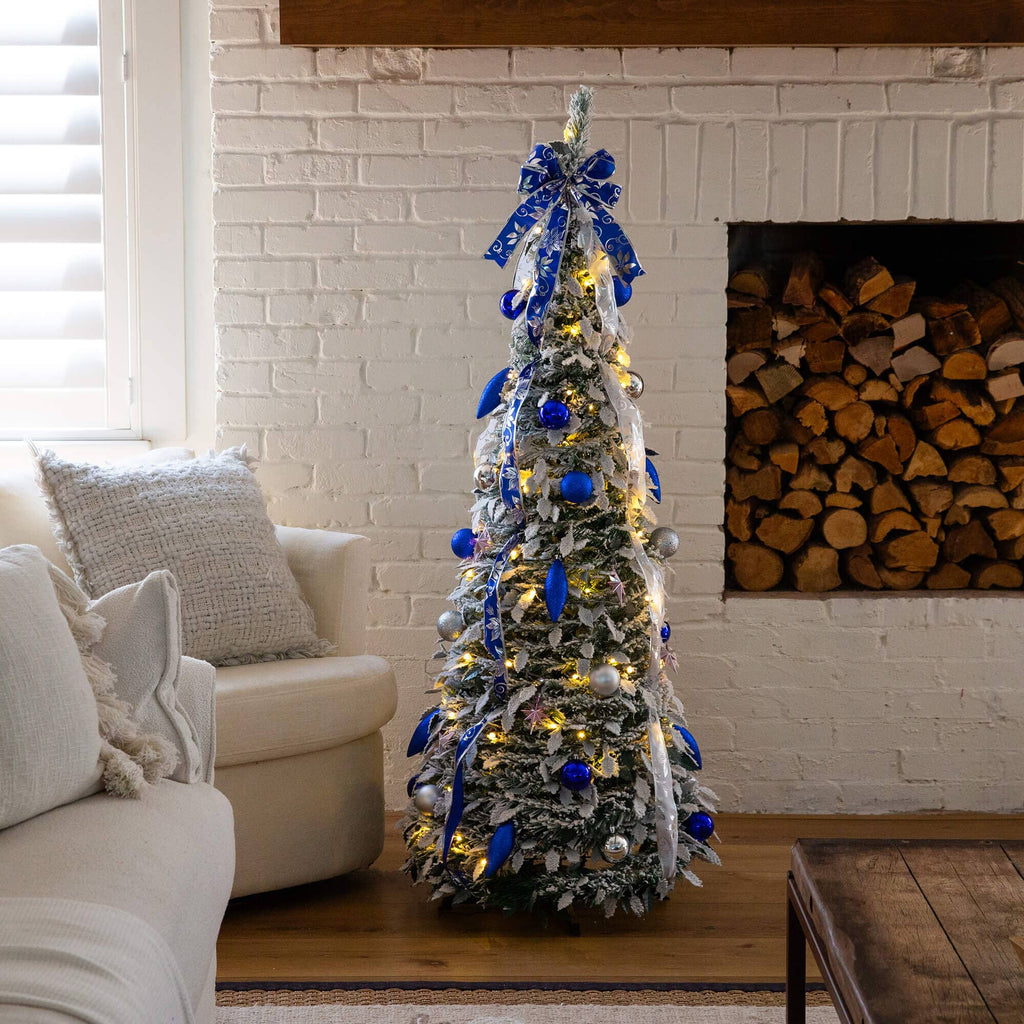 5' Pre-Lit Artificial Pop Up Flocked Christmas Tree with Silver & Blue Ornaments, Ribbons  and 100 Warm White LED Lights