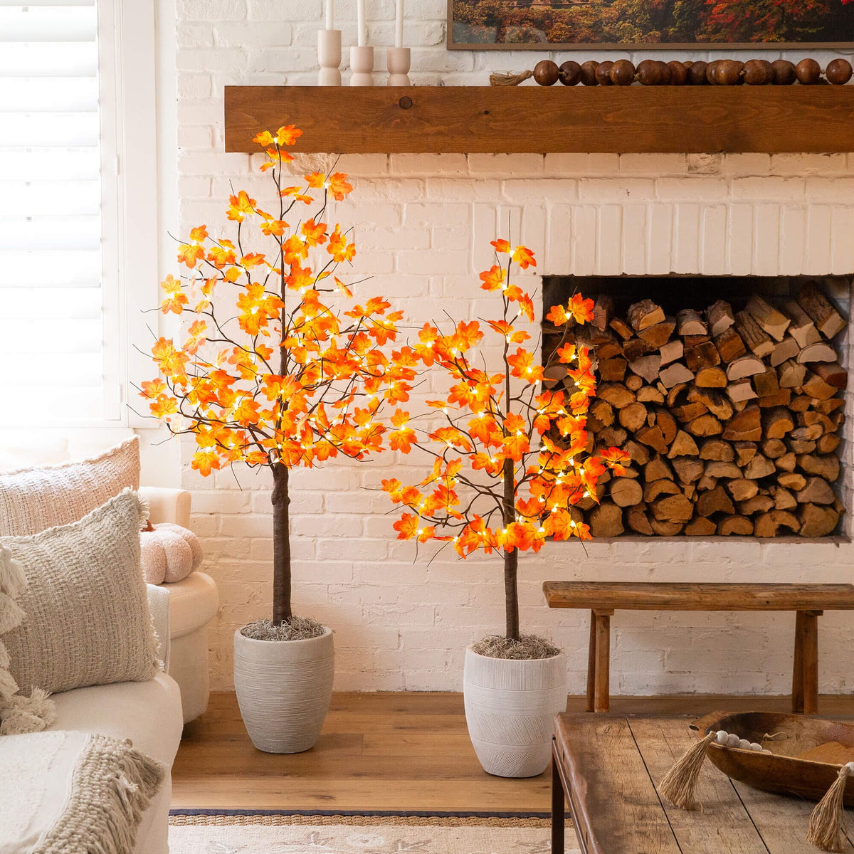 5' Pre-Lit Minimalist Autumn Maple Artificial Fall Tree with 96 LED Warm White & Orange Pumpkin Shaped Lights