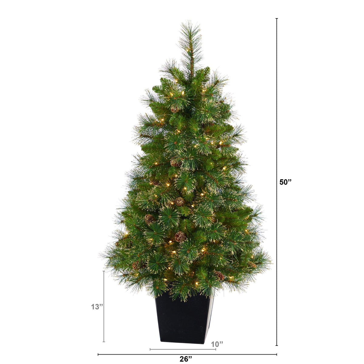 50” Golden Tip Washington Pine Artificial Christmas Tree with 100 Clear Lights, Pine Cones and 336 Bendable Branches in Black Metal Planter
