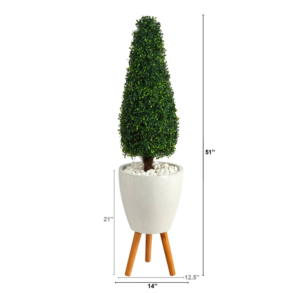 51” Boxwood Tower Artificial Topiary Tree in White Planter with Stand (Indoor/Outdoor)