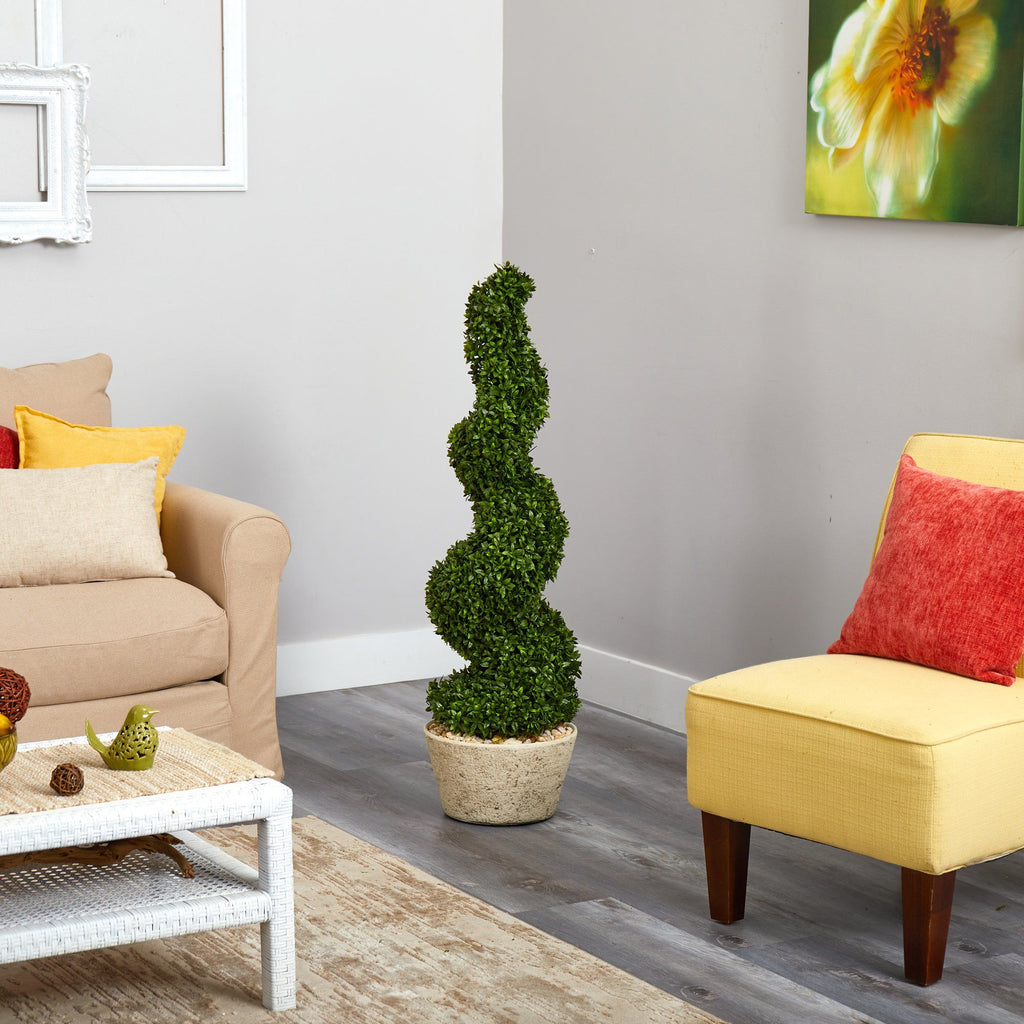 51” Spiral Hazel Leaf Artificial Topiary Tree in White Planter (Indoor/Outdoor)