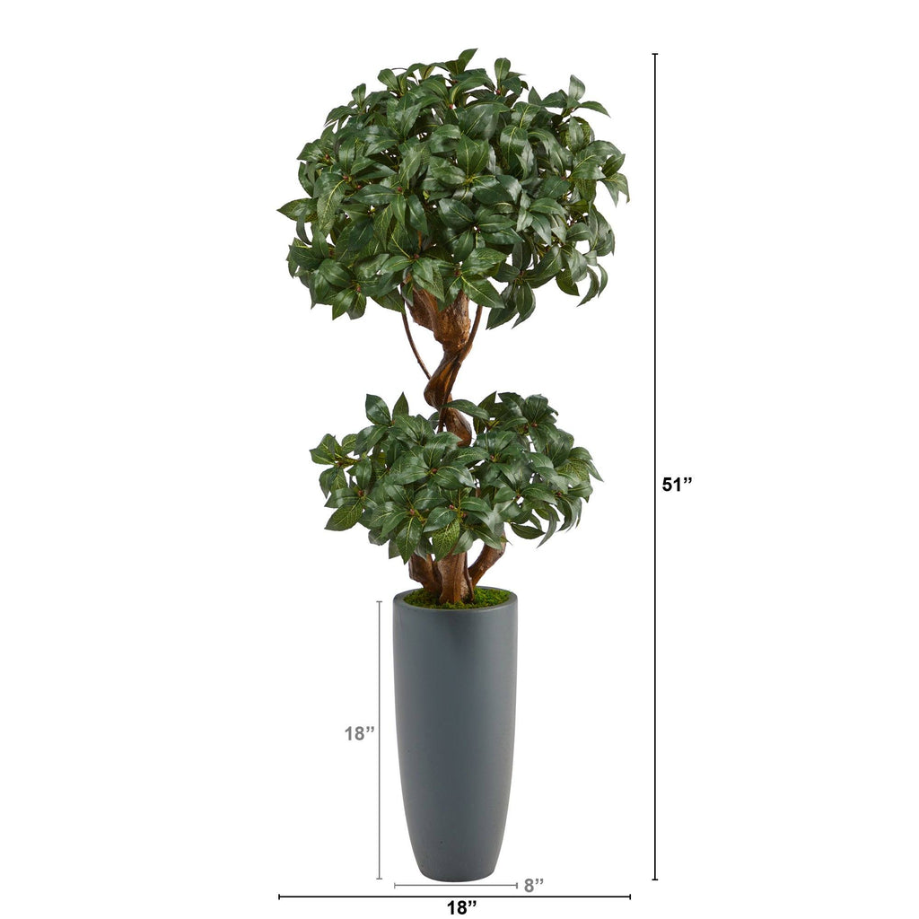 51” Sweet Bay Double Ball Topiary Artificial Tree in Gray Planter