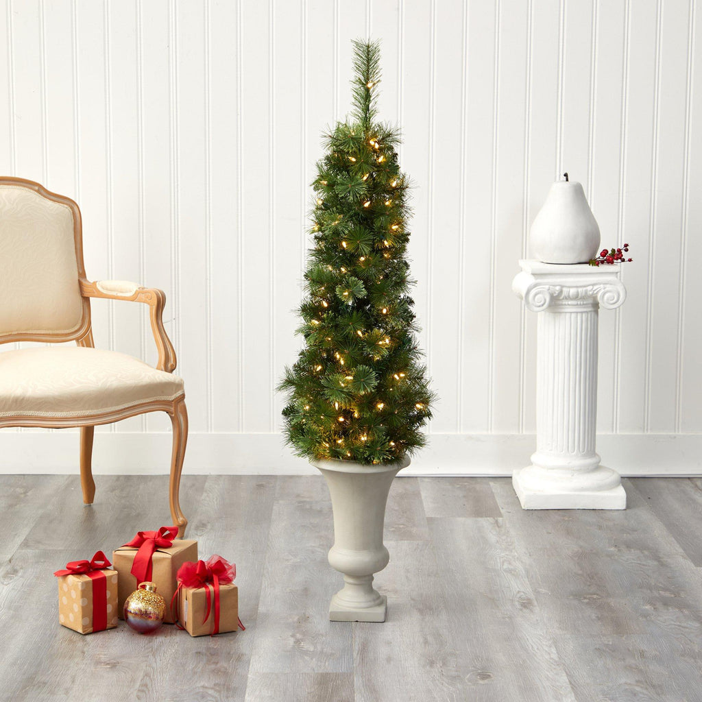 52” Green Pencil Artificial Christmas Tree with 100 Clear (Multifunction) LED Lights and 140 Bendable Branches in Sand Colored Urn