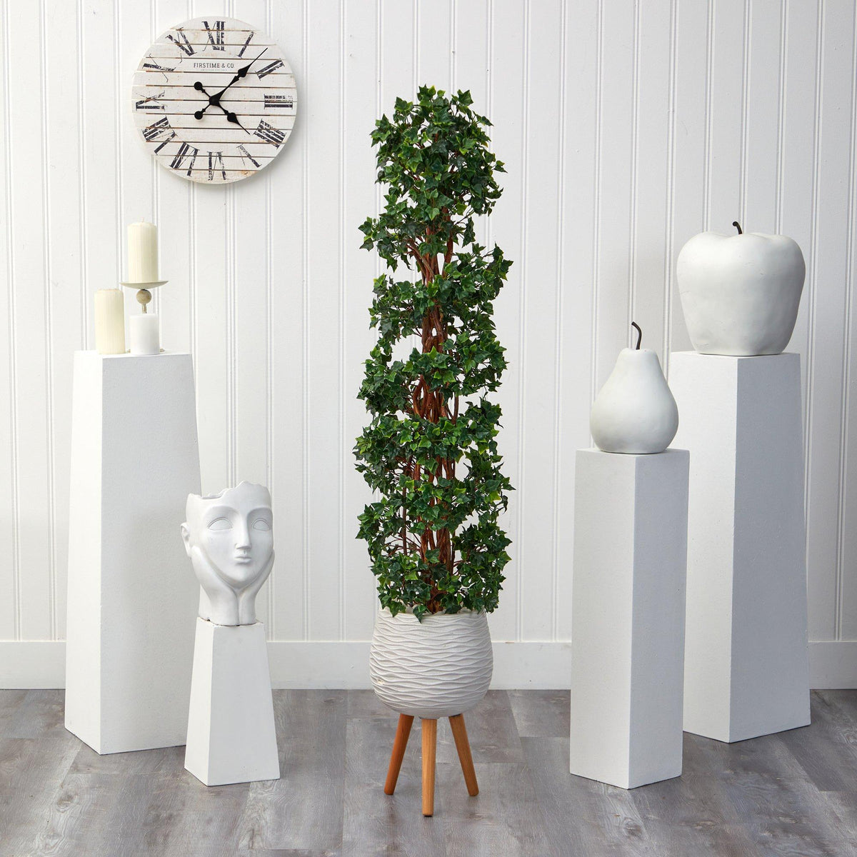 5.5’ English Ivy Topiary Spiral Artificial Tree in White Planter with Stand  (Indoor/Outdoor)