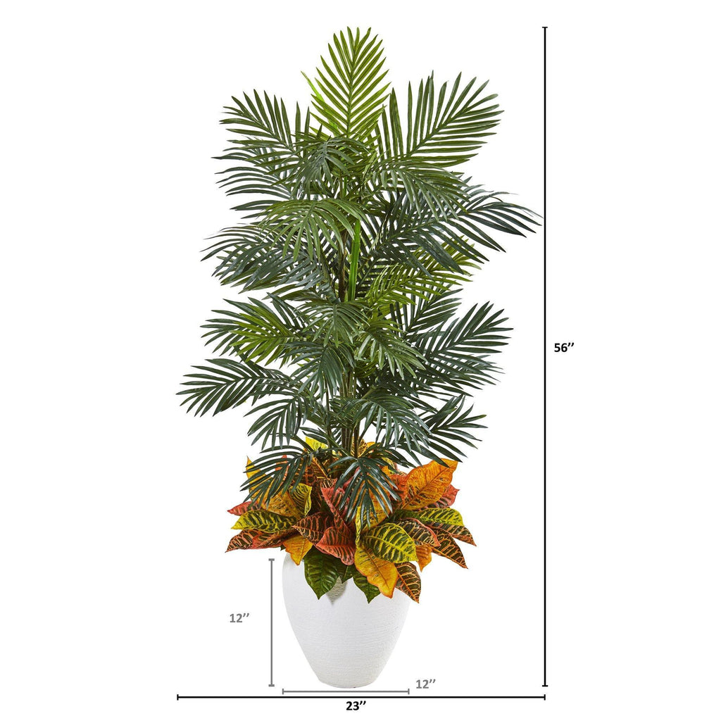 56” Areca Palm and Croton Artificial Plant in White Planter