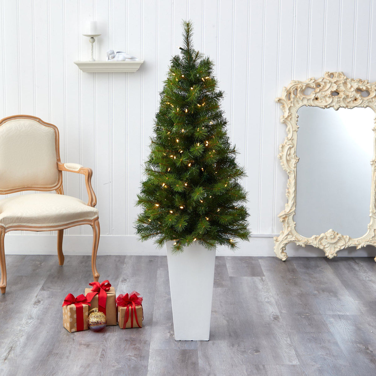 57” Green Valley Pine Artificial Christmas Tree with 100 Warm White LED Lights and 201 Bendable Branches in Tall White Planter