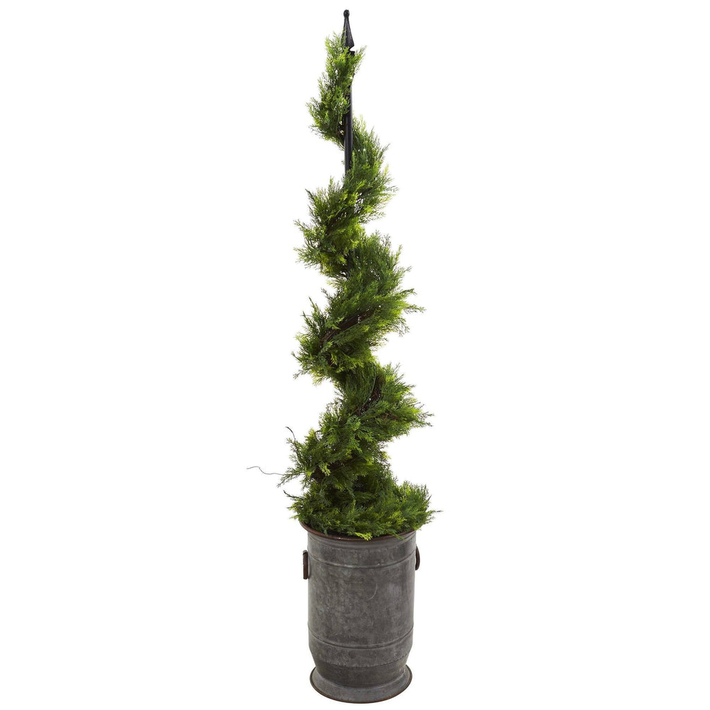 58” Cypress Artificial Spiral Topiary Tree in Vintage Metal Planter