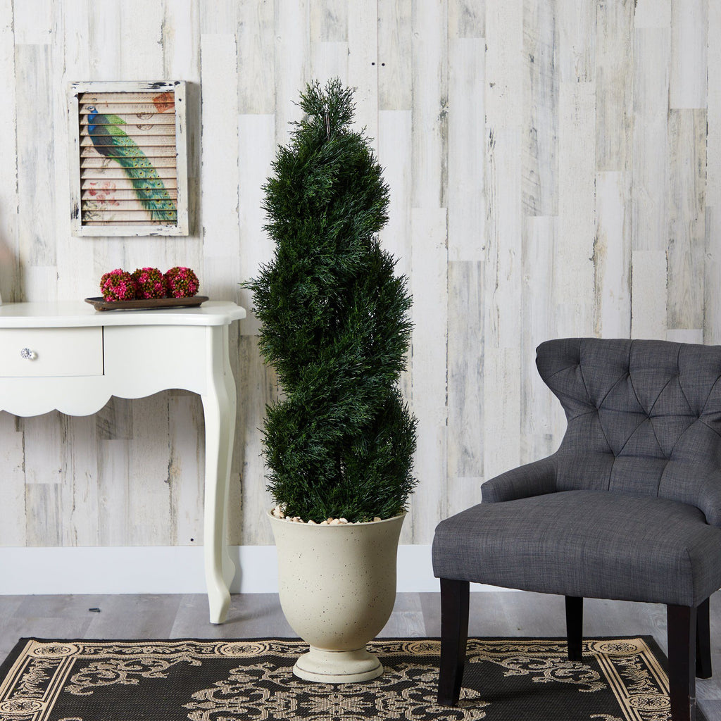 58” Double Pond Cypress Spiral Topiary Artificial Tree in Planter (Indoor/Outdoor)