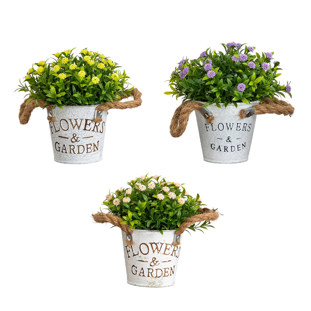 6" Artificial Mixed Button Pom Plant in Rustic Flowers & Garden Planter -Set of 3