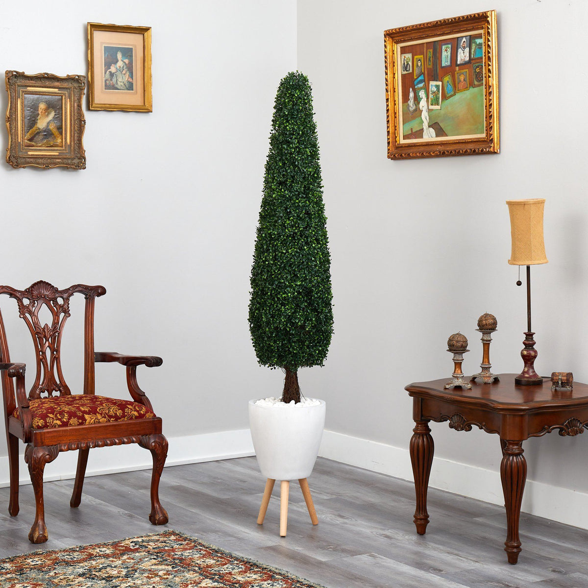 6’ Boxwood Topiary Artificial Tree in White Planter with Stand (Indoor/Outdoor)