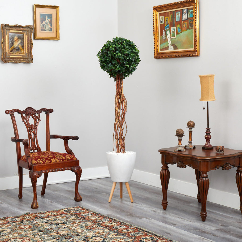 6’ English Ivy Single Ball Artificial Topiary Tree in White Planter with Stand (Indoor/Outdoor)