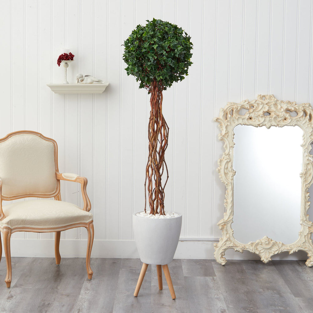 6’ English Ivy Single Ball Artificial Topiary Tree in White Planter with Stand (Indoor/Outdoor)