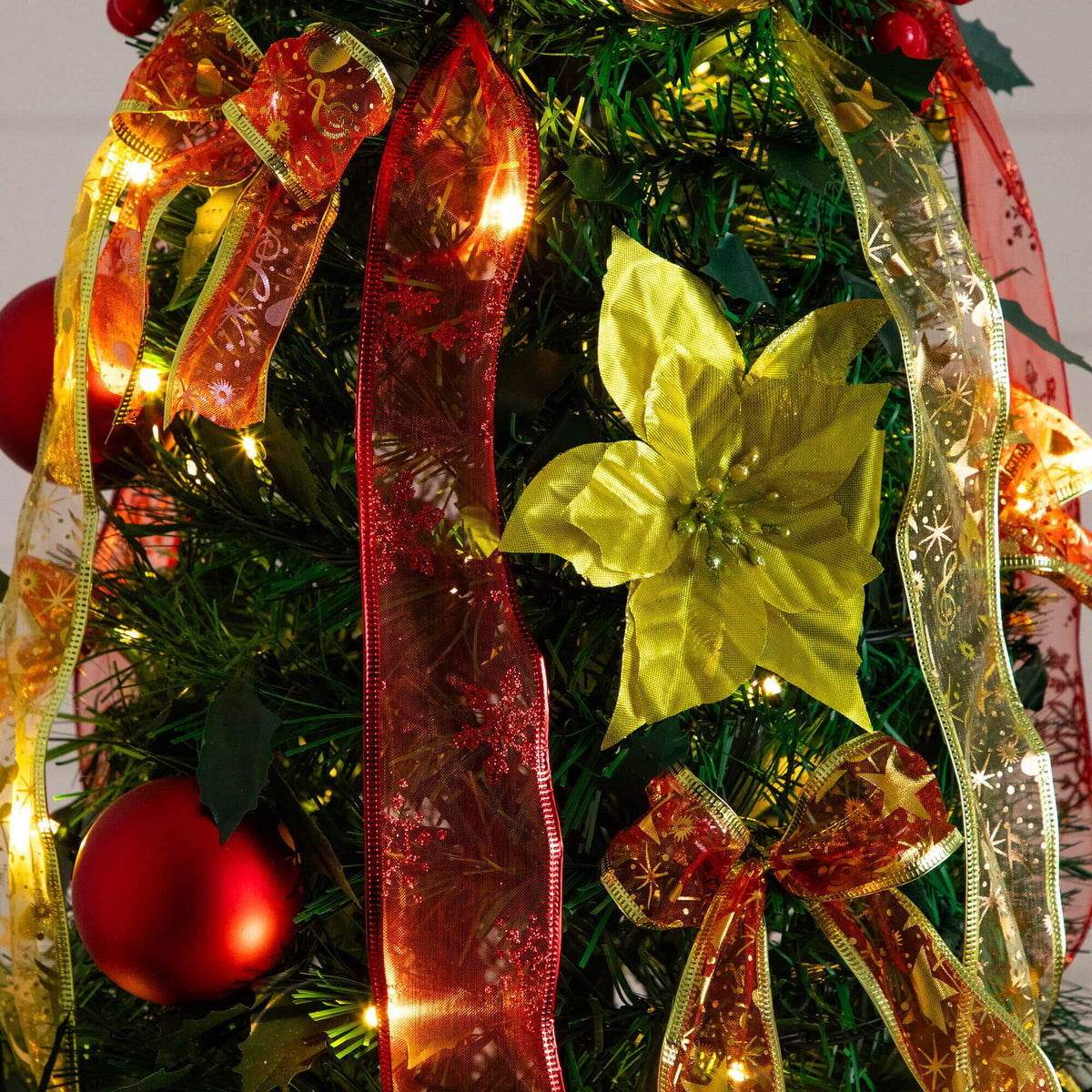 6' Pre-Lit Artificial Pop up Christmas Tree with Red & Gold Ornaments, Ribbons and 150 Warm White LED Lights