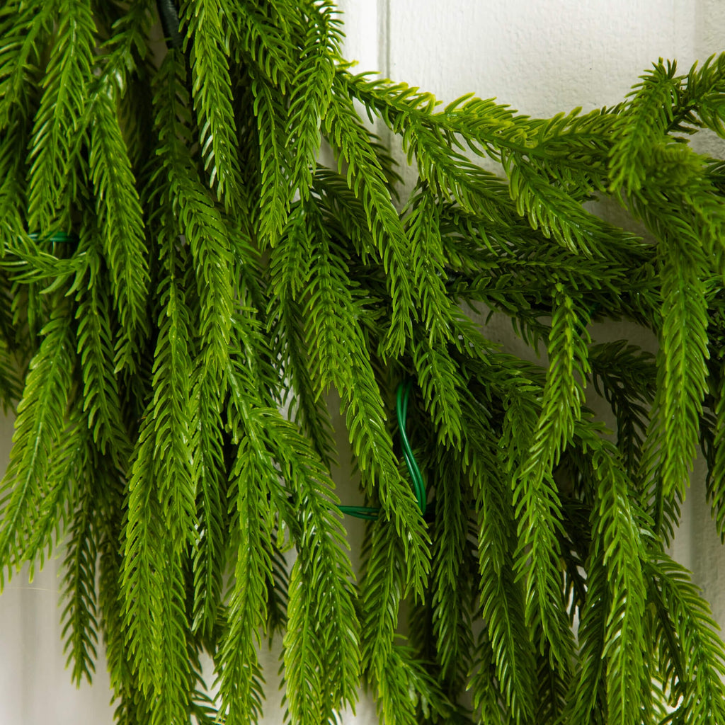 6' Pre-Lit Artificial Real touch Norfolk Island Pine Garland with 35 Warm White LED Lights and Natural Look