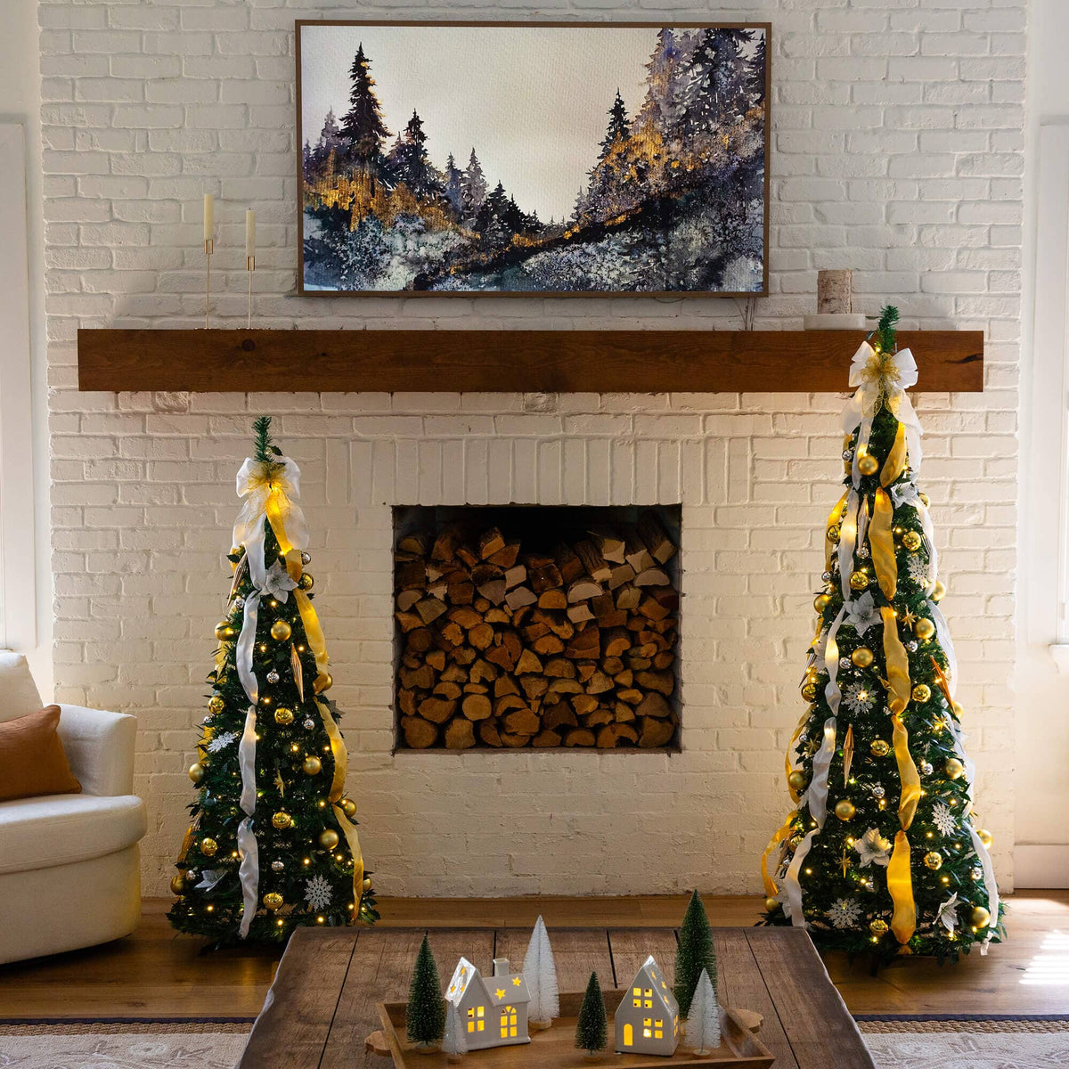 6' Pre-Lit Artificial Pop up Christmas Tree with Gold & Silver Ornaments, Ribbons and 150 Warm White LED Lights