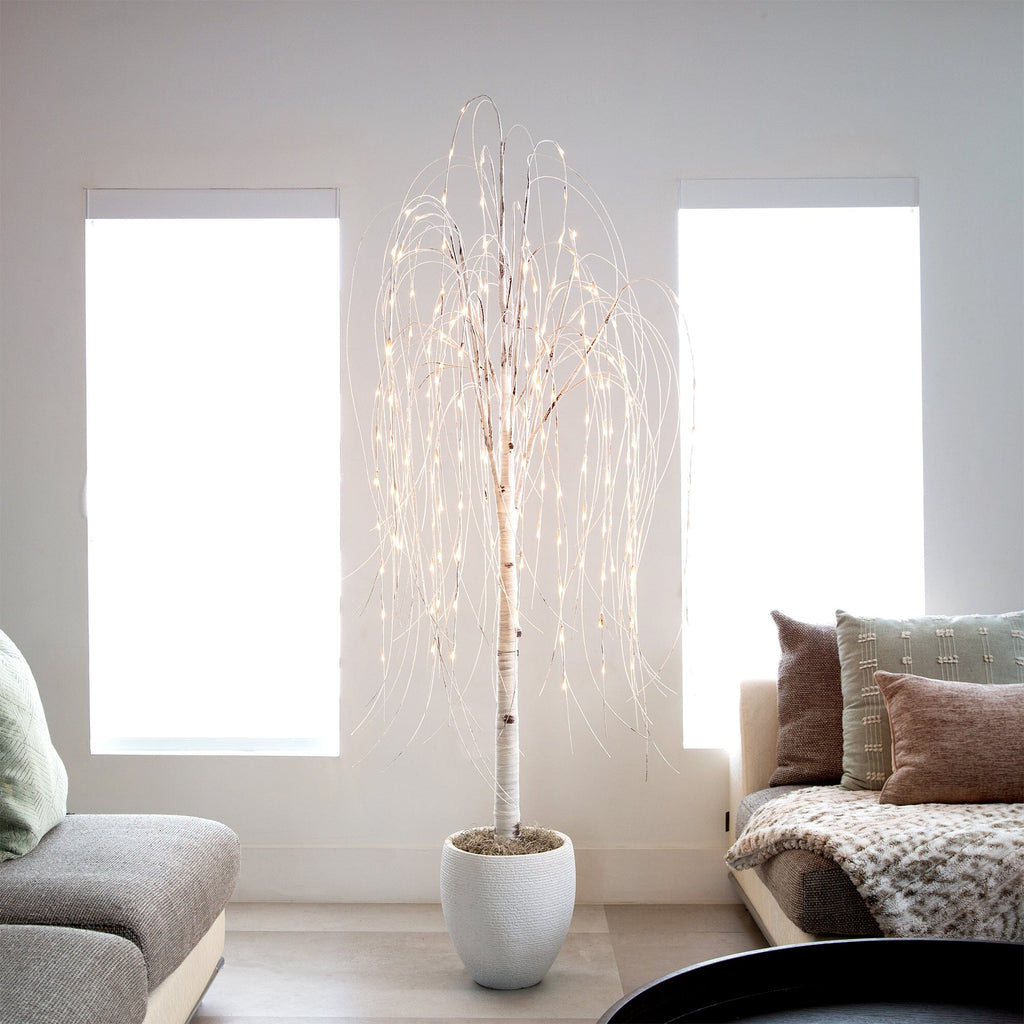 6’ Pre-Lit Artificial White Weeping Willow Tree with 160 Warm White LED Lights