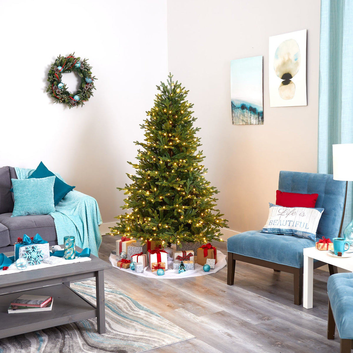 6’ Wyoming Spruce Artificial Christmas Tree with 400 Clear LED Lights and 1045 Bendable Branches