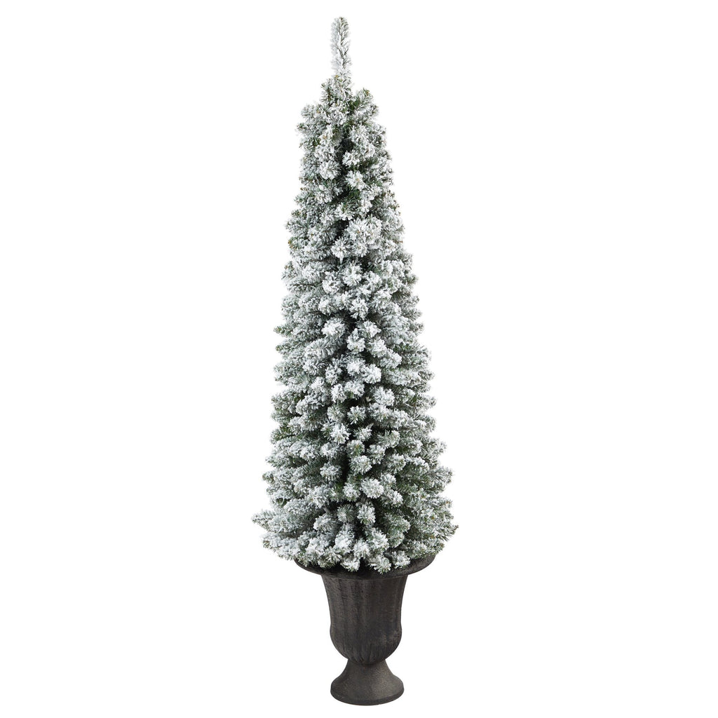 62” Flocked Pencil Artificial Christmas Tree with 200 Clear Lights and 318 Bendable Branches in Charcoal Urn
