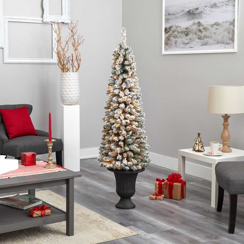 62” Flocked Pencil Artificial Christmas Tree with 200 Clear Lights and 318 Bendable Branches in Charcoal Urn