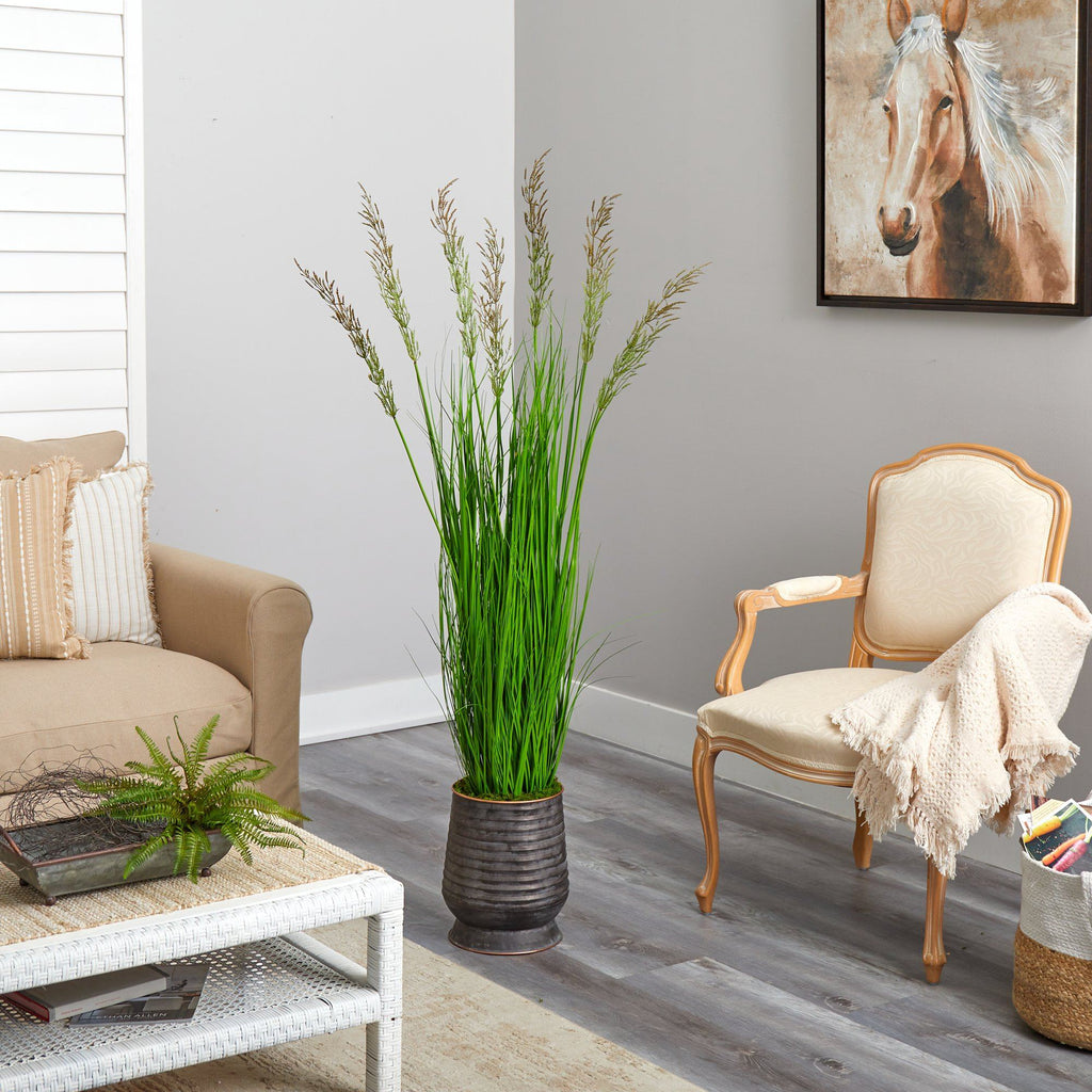 62” Wheat Grass Artificial Plant in Ribbed Metal Planter