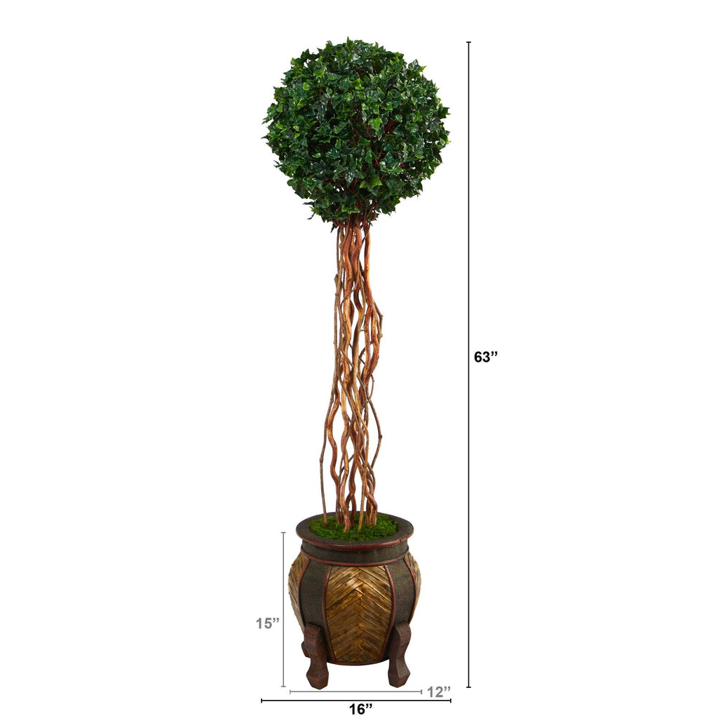63” English Ivy Single Ball Artificial Topiary Tree in Decorative Planter (Indoor/Outdoor)