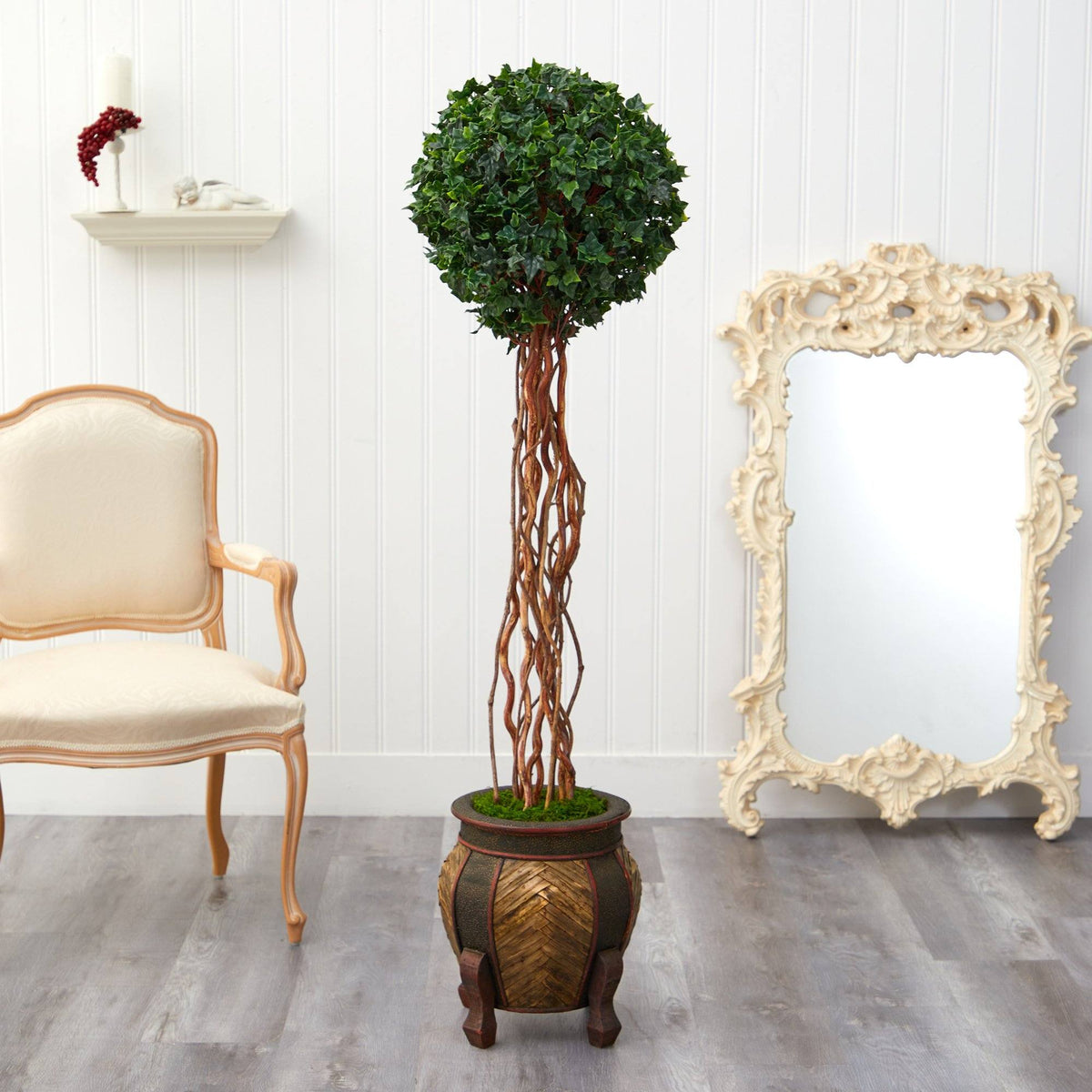 63” English Ivy Single Ball Artificial Topiary Tree in Decorative Planter (Indoor/Outdoor)