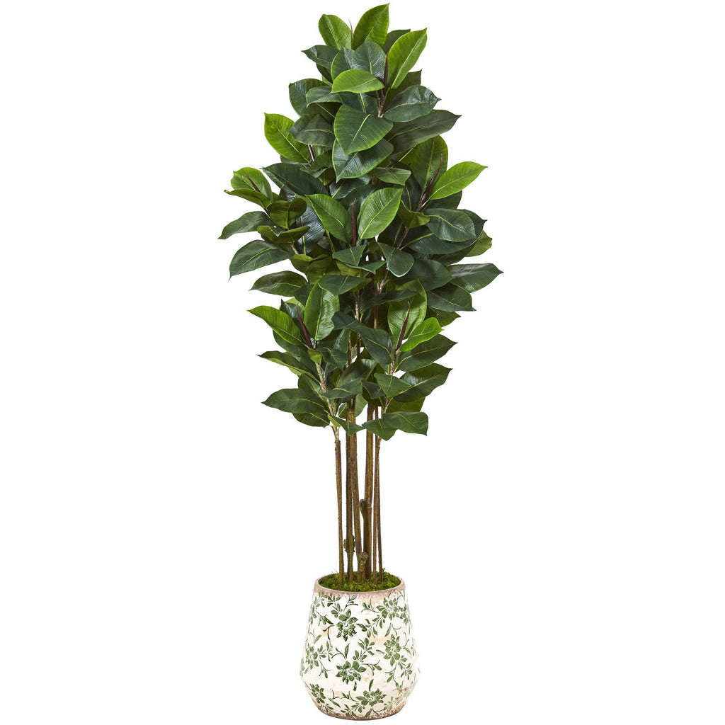 63” Rubber Leaf Artificial Tree in Floral Print Planter