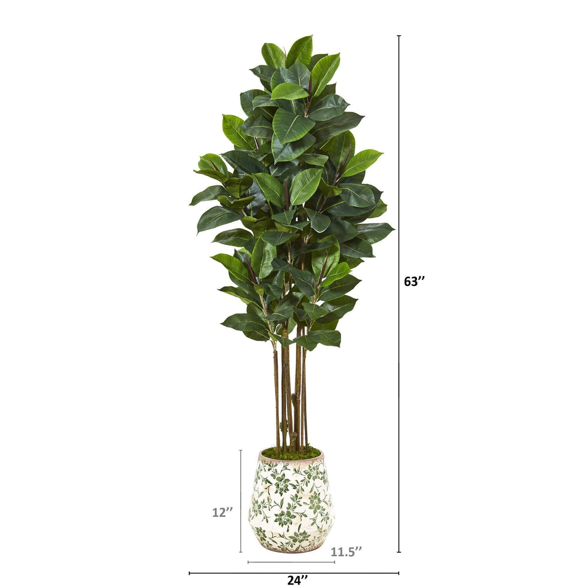 63” Rubber Leaf Artificial Tree in Floral Print Planter