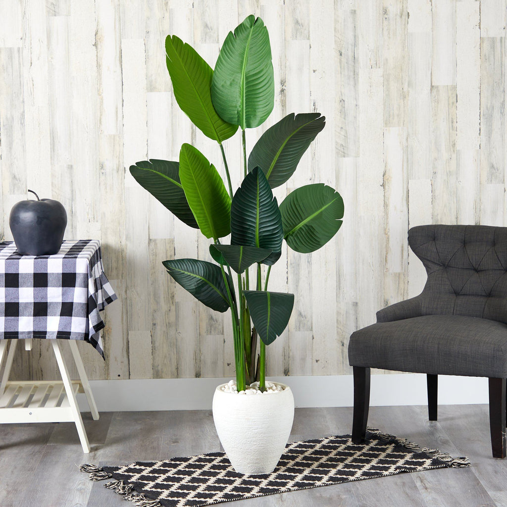 63” Traveler's Palm Artificial Tree in White Planter