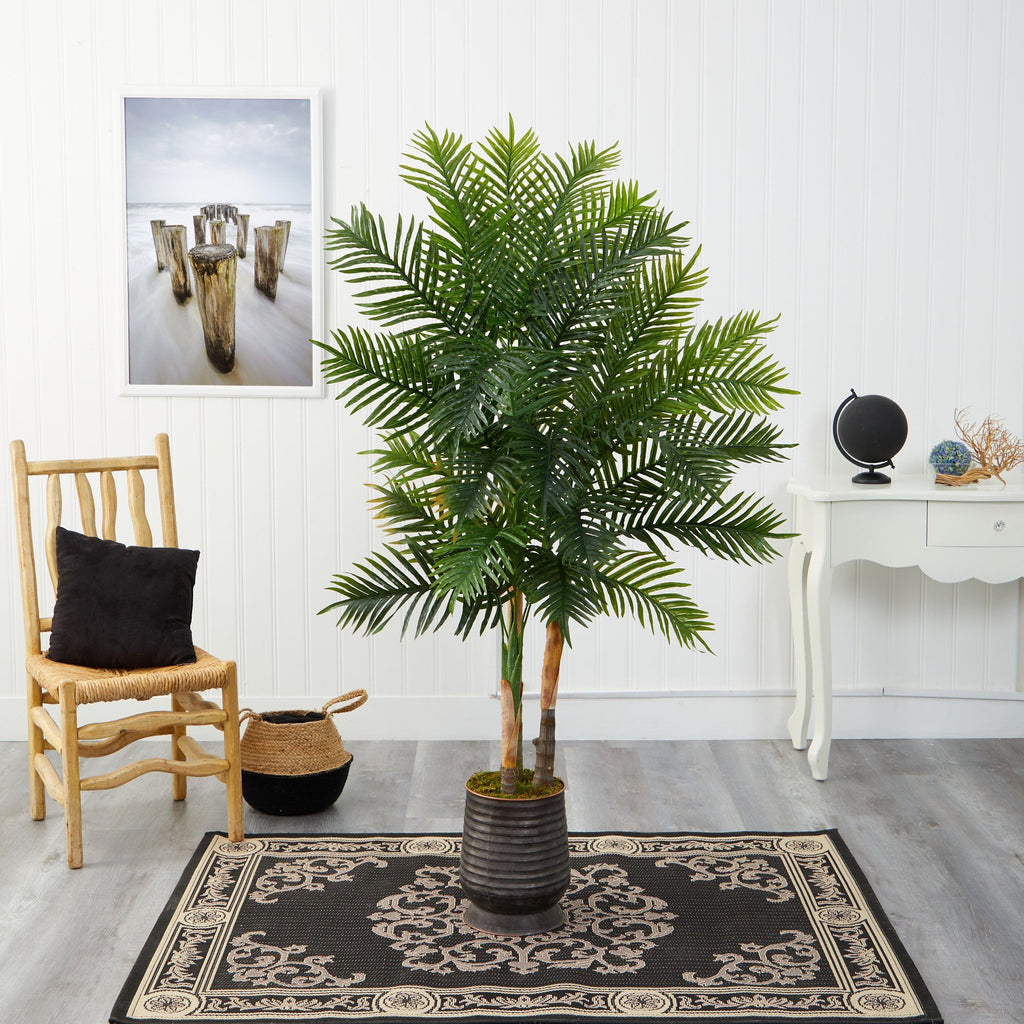 64” Areca Palm Artificial Tree in Ribbed Metal Planter (Real Touch)