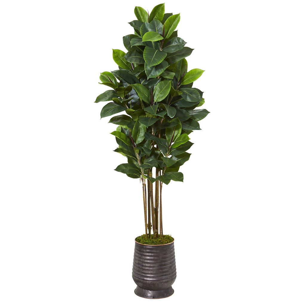 64” Rubber Leaf Artificial Tree in Ribbed Metal Planter