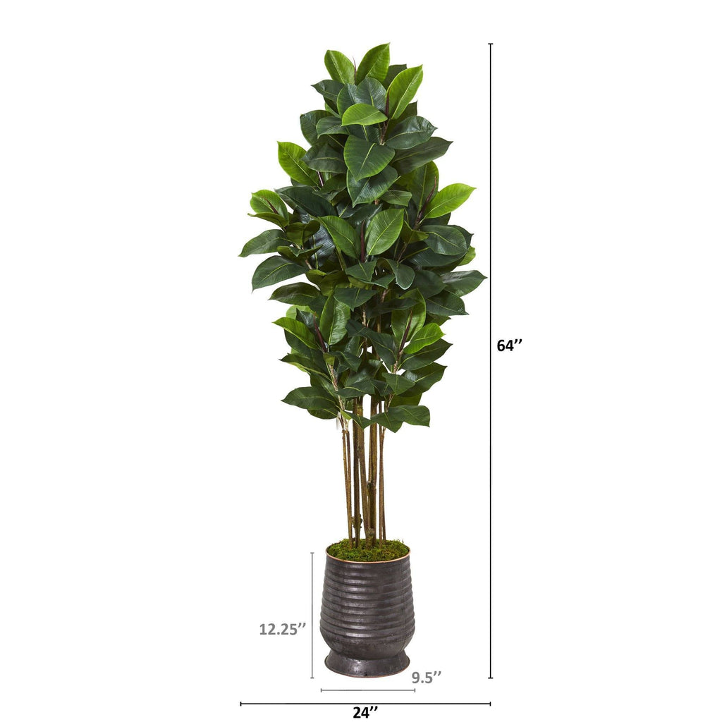 64” Rubber Leaf Artificial Tree in Ribbed Metal Planter