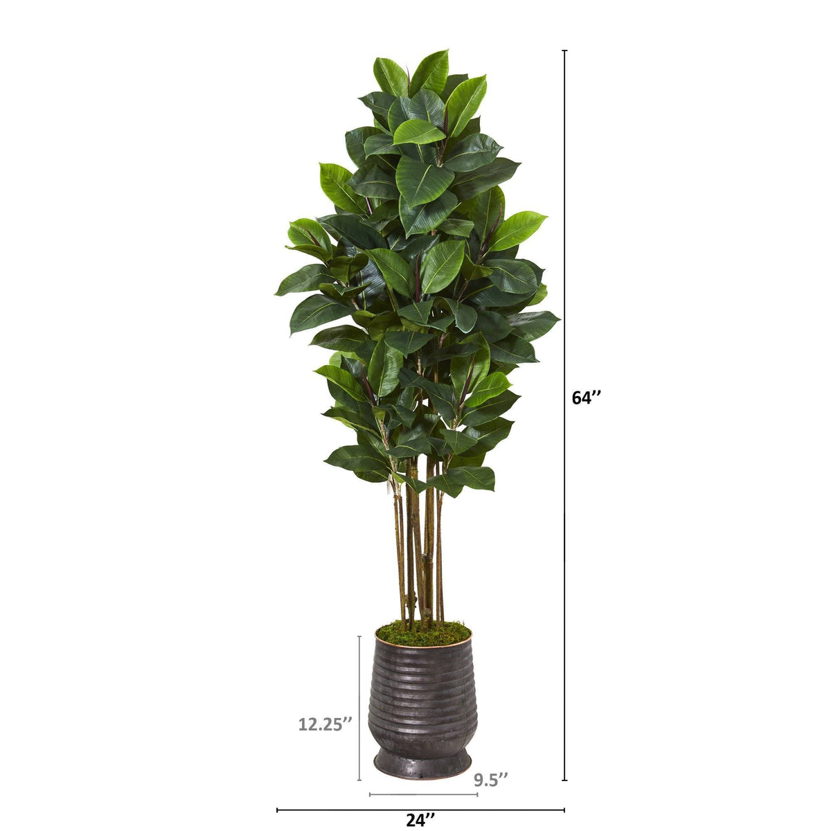 64” Rubber Leaf Artificial Tree in Ribbed Metal Planter