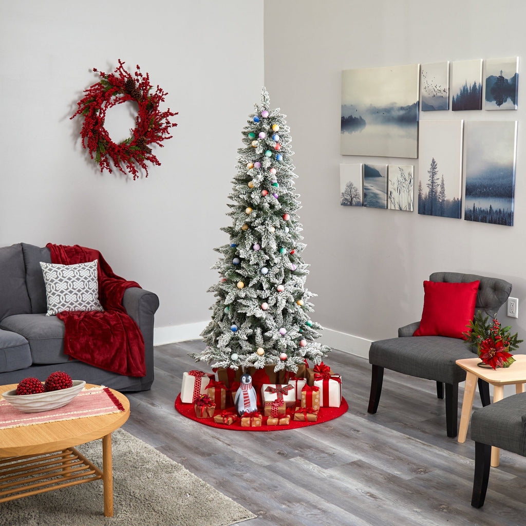 6.5' Flocked British Columbia Mountain Fir Artificial Christmas Tree with 75 Multi Color Globe Bulbs and 679 Bendable Branches