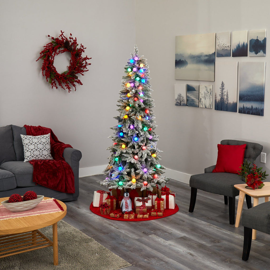 6.5' Flocked British Columbia Mountain Fir Artificial Christmas Tree with 75 Multi Color Globe Bulbs and 679 Bendable Branches