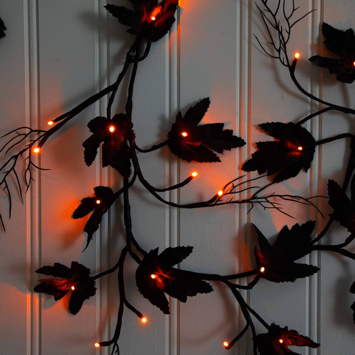 6.5' Pre-Lit Artificial Halloween Black Maple Garland with 48 Orange & Purple LED Lights
