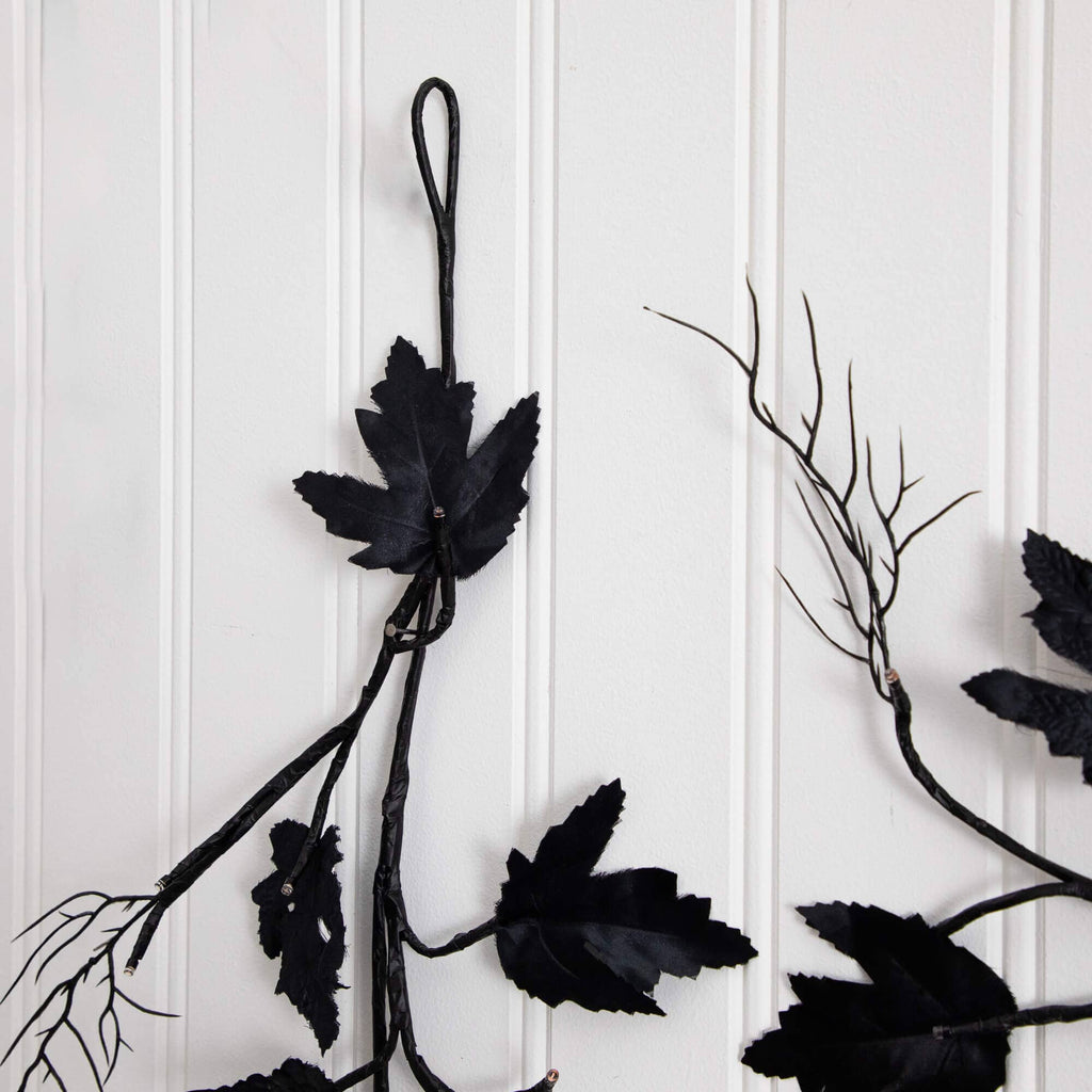 6.5' Pre-Lit Artificial Halloween Black Maple Garland with 48 Orange & Purple LED Lights