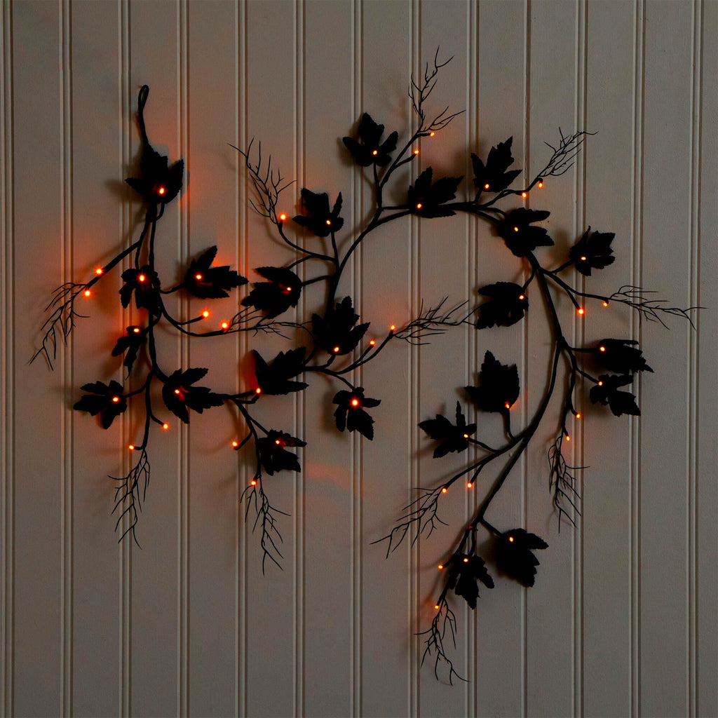 6.5' Pre-Lit Artificial Halloween Black Maple Garland with 48 Orange & Purple LED Lights