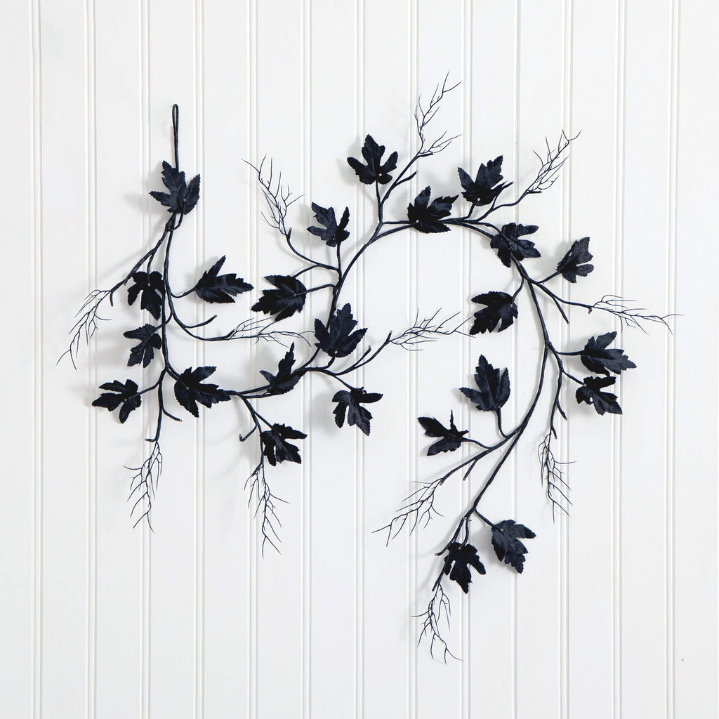6.5' Pre-Lit Artificial Halloween Black Maple Garland with 48 Orange & Purple LED Lights