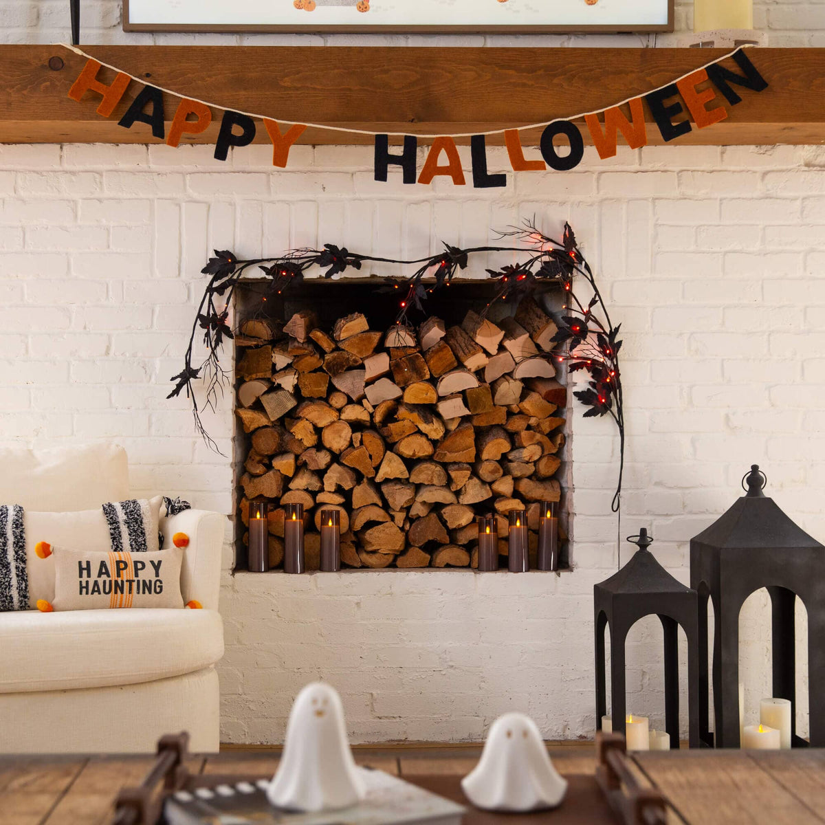 6.5' Pre-Lit Artificial Halloween Black Maple Garland with 48 Orange & Purple LED Lights