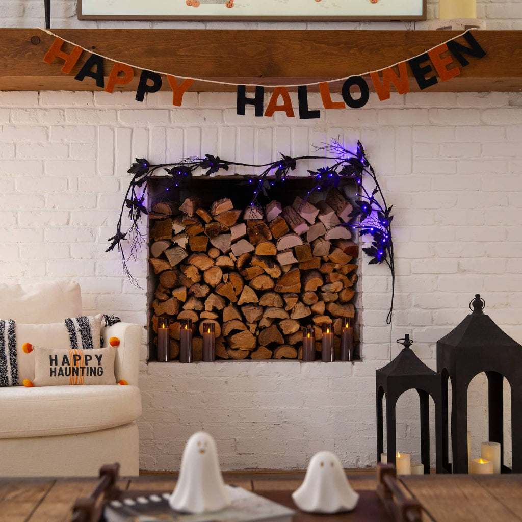 6.5' Pre-Lit Artificial Halloween Black Maple Garland with 48 Orange & Purple LED Lights