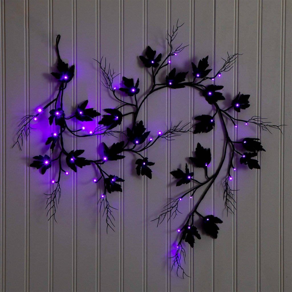 6.5' Pre-Lit Artificial Halloween Black Maple Garland with 48 Orange & Purple LED Lights