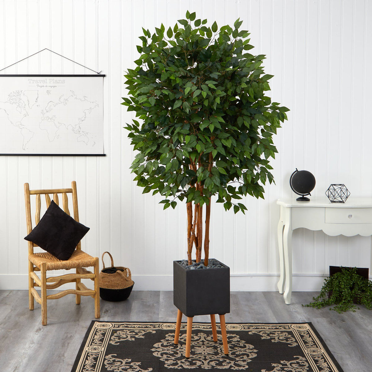 6.5’ Super Deluxe Ficus Artificial Tree in Black Planter with Stand
