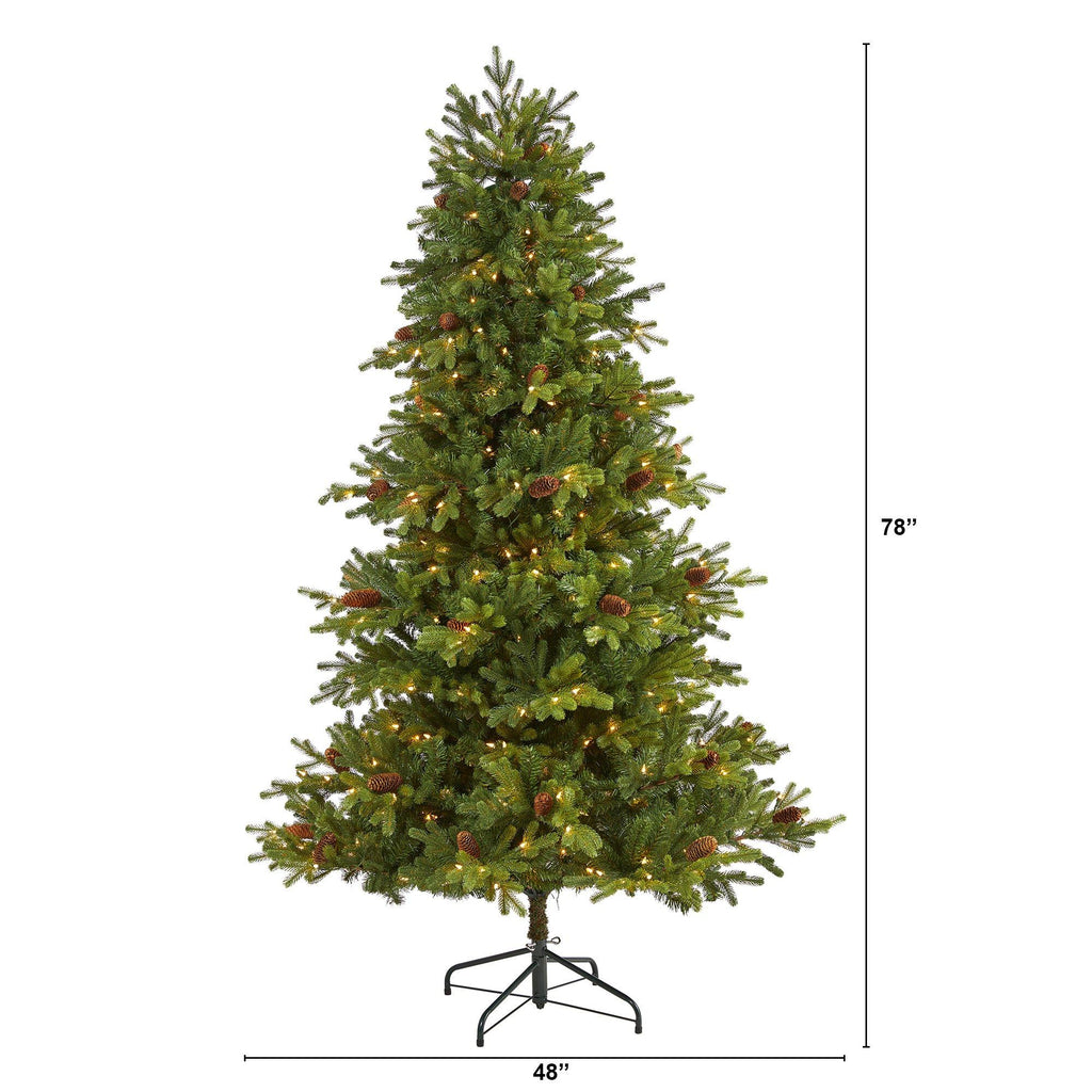 6.5’ Yukon Mountain Fir Artificial Christmas Tree with 450 Clear Lights, Pine Cones and 1236 Bendable Branches